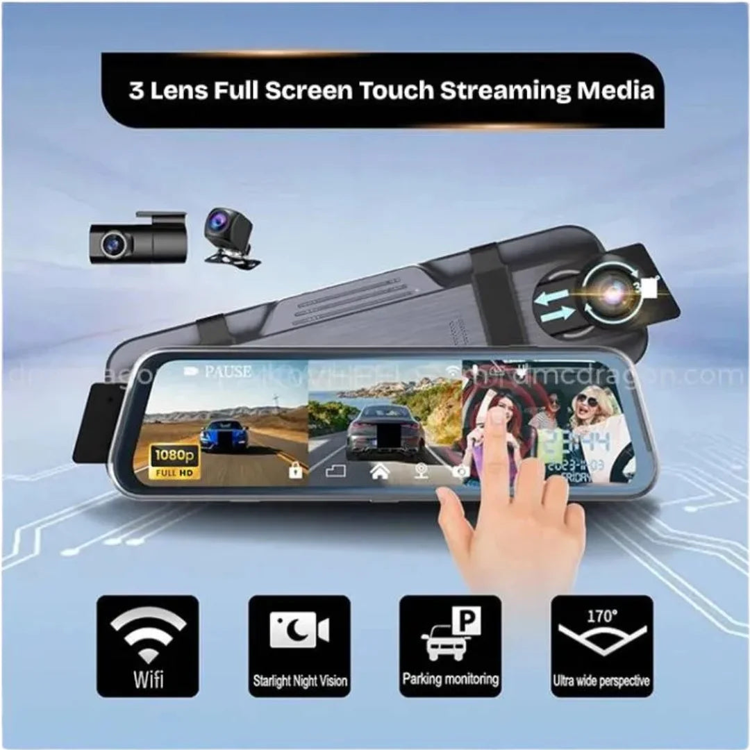 Vehicle Blackbox DVR 9.66” – 1080P Full HD 3-Way WiFi Dashcam Camera